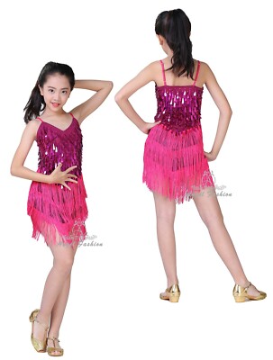 Kinder Mädchen Performance funkelnde Pailletten Quaste Salsa Tango Latin Tanzkleid-UK