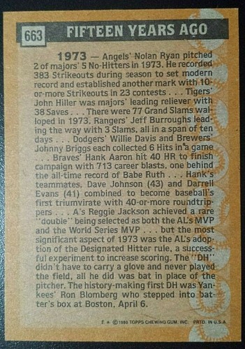 1988 Topps Turn Back The Clock NY Yankees Baseball Card - Ron Blomberg #663 - Picture 2 of 2