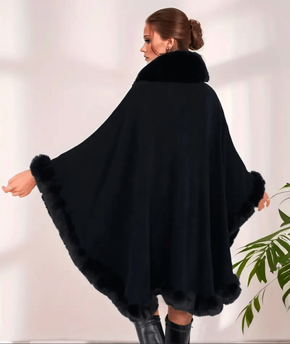 NWT Gorgeous One Size Soft Knit Fur Trim Black Open Ruana Cape Poncho w/ Sleeve - Picture 2 of 3