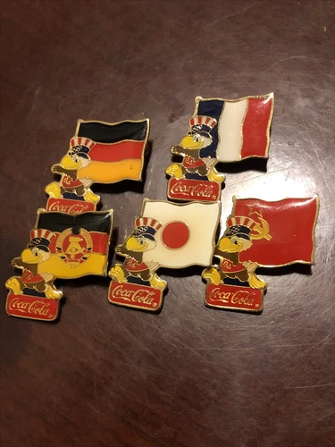 Vintage Set of 5 Sam the Eagle 1980 LA Olympic Coca-Cola Flag Pins