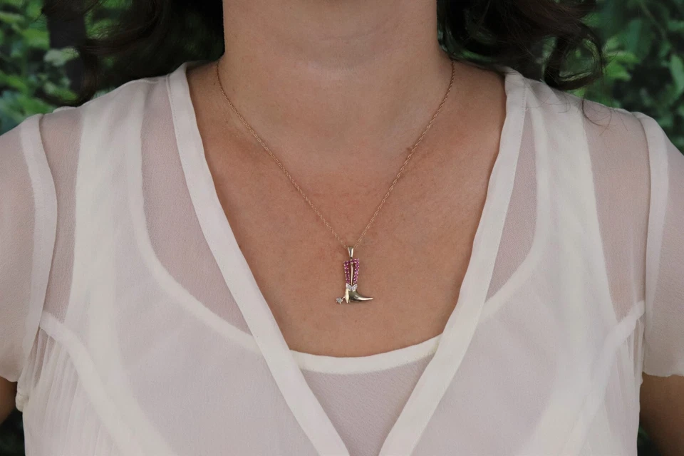 10k Yellow Gold Lab Created Ruby and Diamond Cowboy Boot Pendant Only 1" x 3/4" - Image 2 of 4