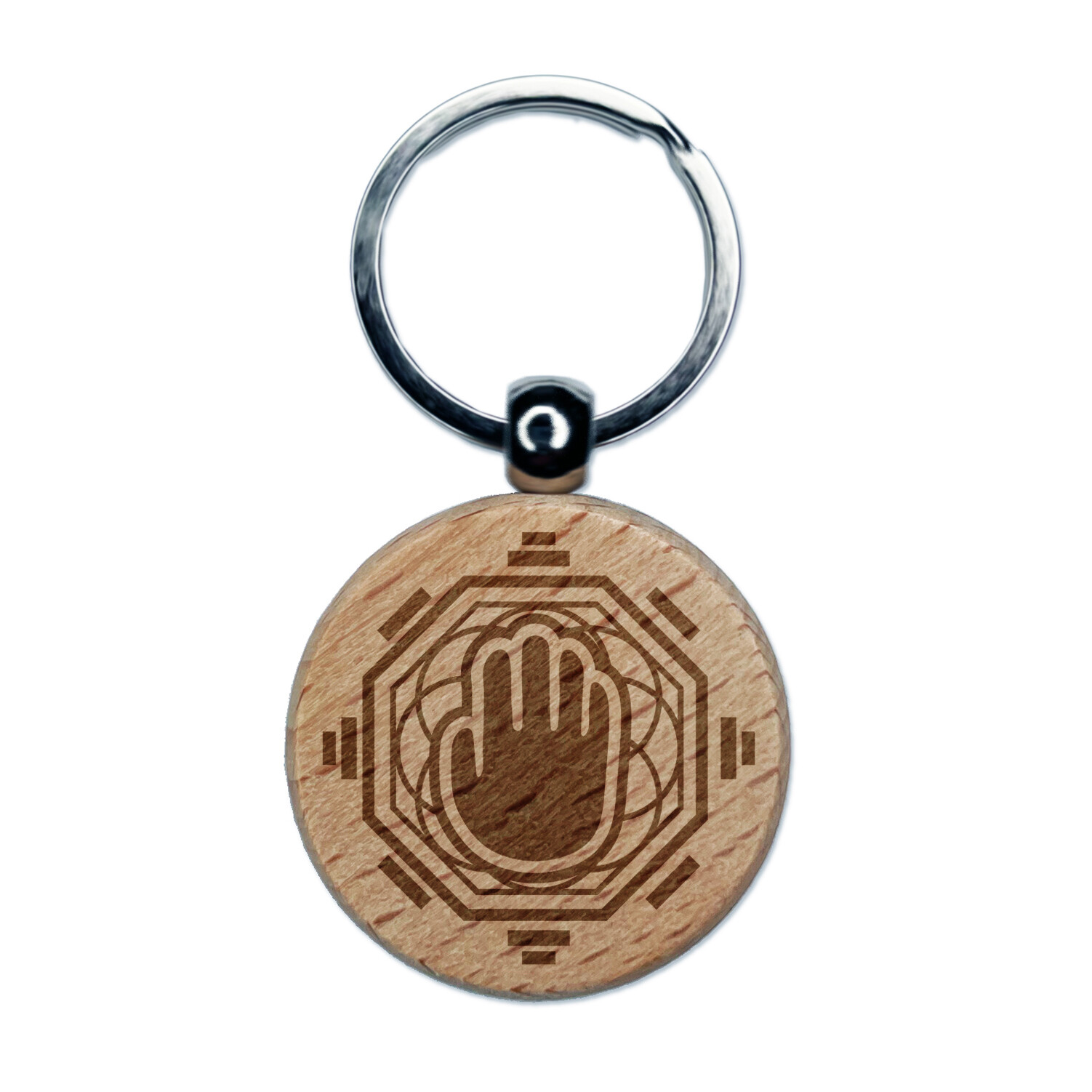 Monk Geometric Palm Engraved Wood Round Keychain Tag Charm