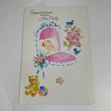 New Baby Card Blonde Haired Brown Eye Baby Flowers Teddy Bear Vintage
