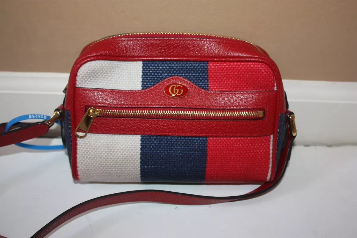 Gucci Gg Ophidia Stripe Mini Ophidia Handbag White Red Blue Canvas