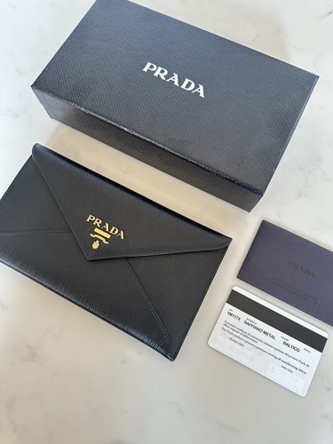 Prada Vitello Black Leather Envelope Clutch Wallet Authentic