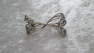 Broche Ancienne En Argent Massif Filigrané - Forme De Nœud - Occasion