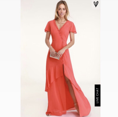 LULU'S Pour the Champagne Coral Pink Ruffled Backless Maxi Dress Size S EUC  | eBay
