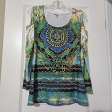 Cachè Cold Shoulder Long Sleeve Multicolored Top With Studs Size XS Made in USA