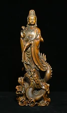 Old China Boxwood Wood Dragon Kwan-yin Boddhisattva Loong GuanYin Goddess Statue