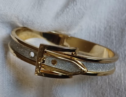 White & Silver Sparkle Goldtone Buckle Hinge Bracelet 3 Adjustable Settings EUC - Picture 9 of 12