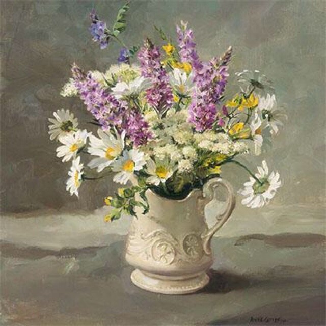 Anne Cotterill Art Blank Greeting/ Birthday Card - Orchids Oxeye Daisies Flowers