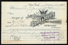 J&M Sehman Gloves & Hosiery Kid Gloves Broadway NYC 1895 Billhead - Scarce