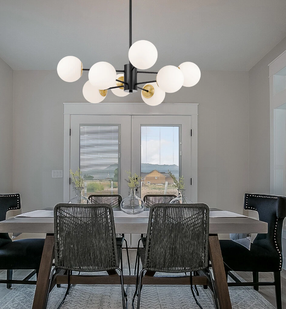 TELBIX MARSTEN 8 LIGHT CEILING PENDANT WITH FROSTED OPAL GLASS BALL SHADES DECO
