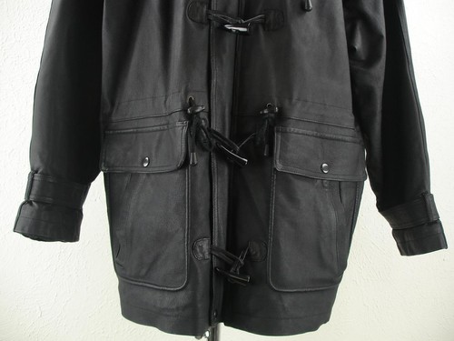Men's L XL Wilsons Black Leather Duffle Toggle Coat Parka Hooded Insulated Long - Picture 4 of 21