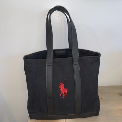 POLO RALPH LAUREN BIG EMBROIDERED RED PONY CANVAS TOTE BAG BLACK