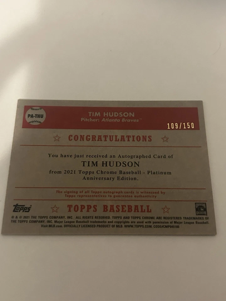 2021 Topps Chrome Platinum - Tim Hudson - Aqua Refractor Auto #d /150 - Image 2 of 2