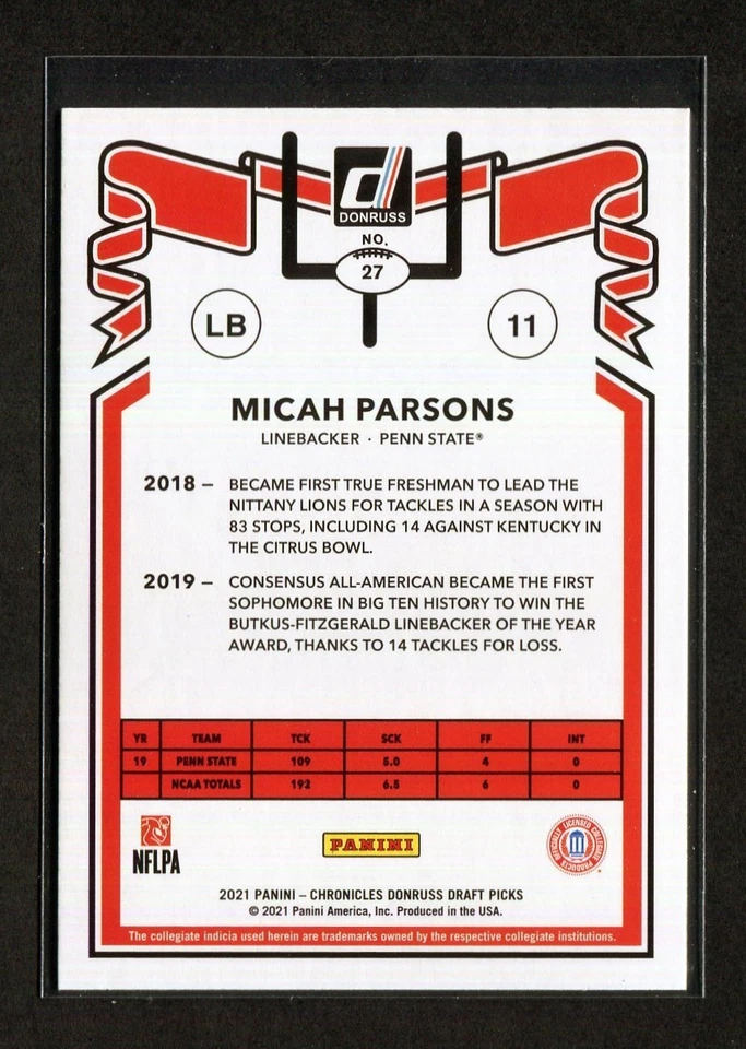 2021 Panini Chronicles DP - #27 Micah Parsons [Donruss Retro - Bronze] Rookie RC - Image 2 of 2
