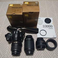 Nikon D3000 DSLR Camera + 3 Lenses Set, VR, 35mm f/1.8, 18-55mm, 55-200mm, Used