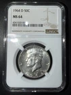 1964 MS 64 Kennedy Half Dollar. NGC Graded. 90% Silver!