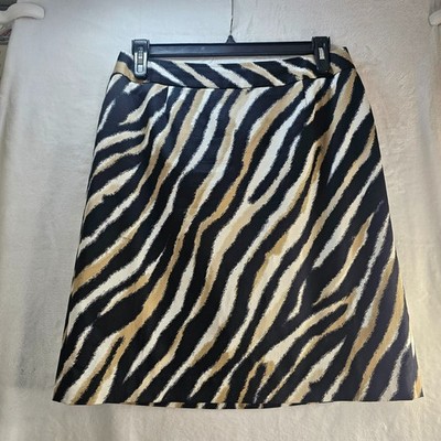 Talbots Women Petites Pencil Skirt Animal Print 14W White Black Tan Cotton Blend