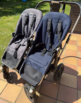 Bugaboo Donkey Zweisitzer Kinderwagen grau/blau, 5-Punkt-Gurt, Einkaufskorb
