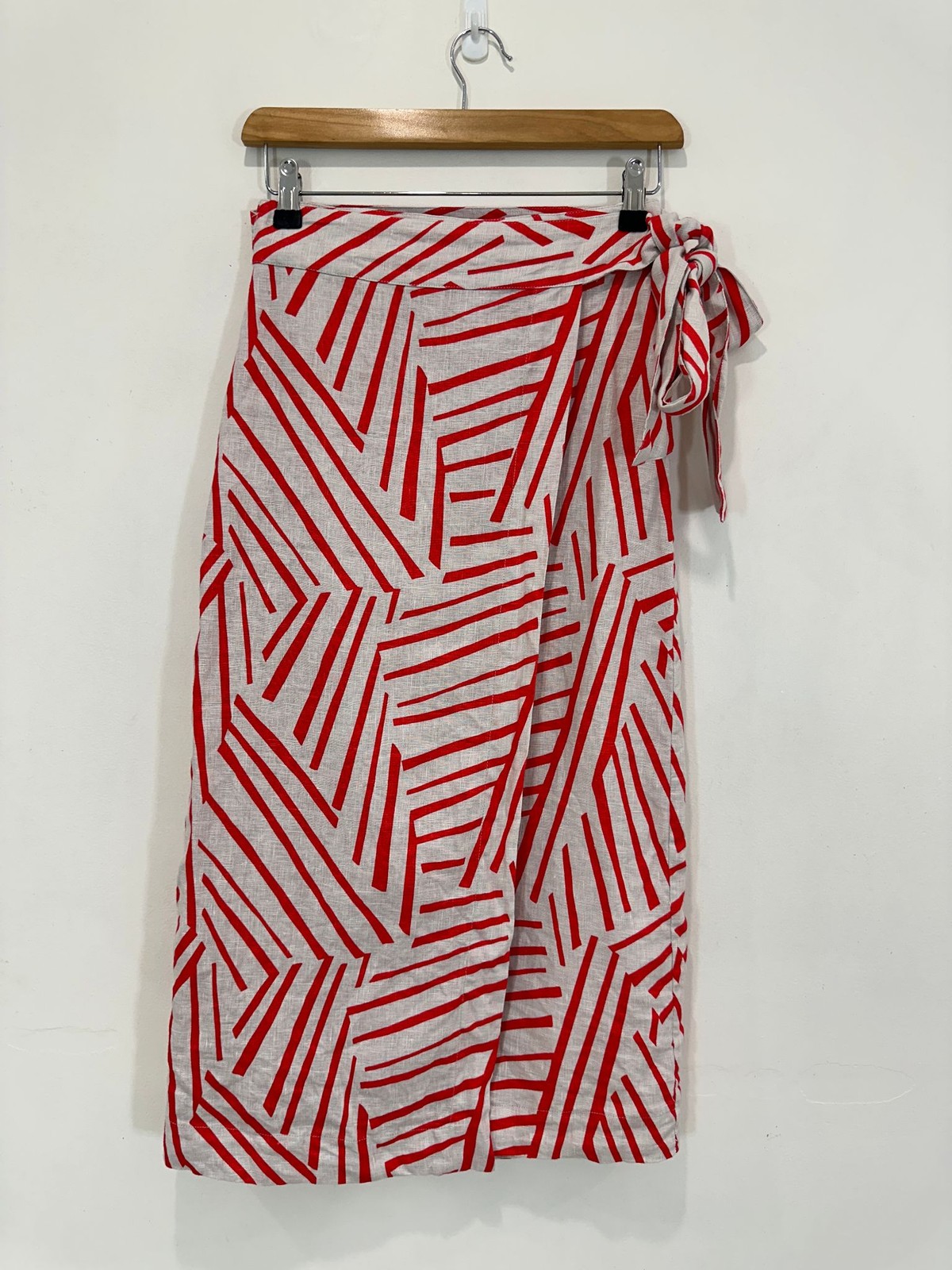 Country Road Skirt Womens 4 Red White Linen Wrap Tie Side Midi Summer Beach