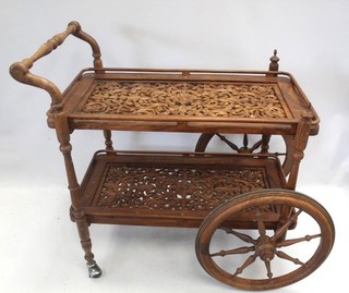 Antique WOODEN TEA TROLLEY Hand Carved Floral Details & Brass Inlay B83