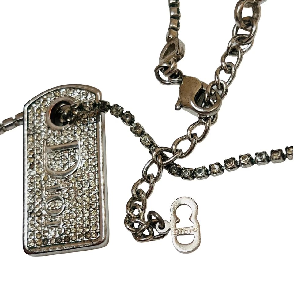 Colar Dior logotipo prata etiqueta cristal corrente de tênis diamante vintage Galliano - Imagem 3 de 4