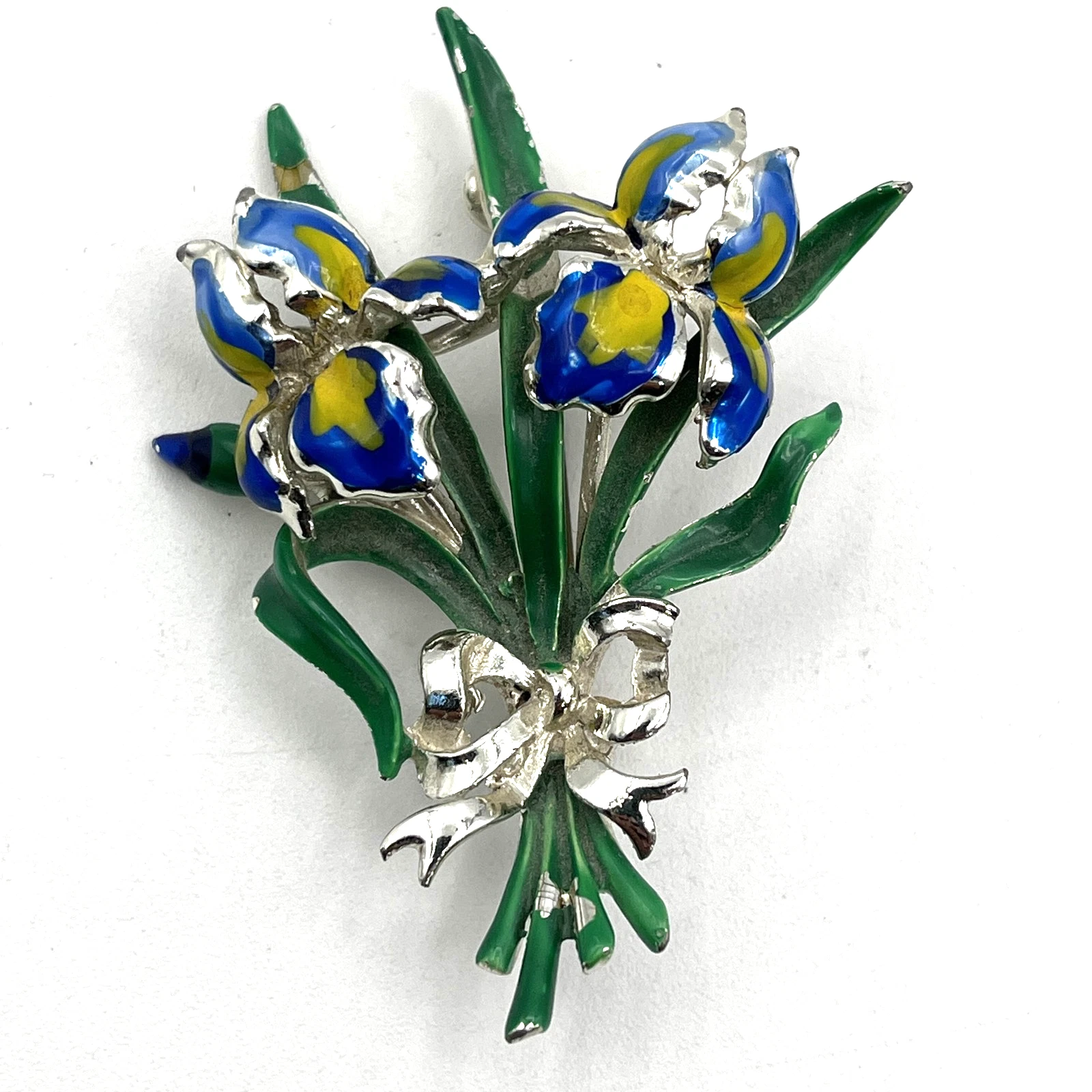 Orchid Enamel Flower Brooch Pin Floral Bouquet Silver Tone 2.75"