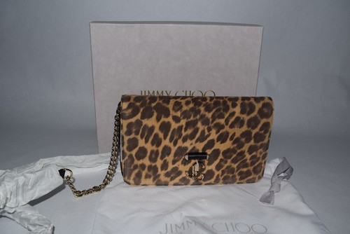 NWT Authentic JIMMY CHOO LiLi Leopard Print Suede Bag crossbody Chain JC Logo