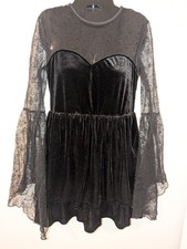 Cider M Medium Black Long Sleeve Velour Lacey Dress Sweetheart Neck Goth Witchy