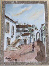 Quadro Acquerello Stucco Architettura Sud Ovest Gioco di Luci e Ombre