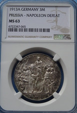 DR 1913 A Preussen 3 Mark NGC MS 63! Hohes Grading! Preisvorschlag akzeptiert!