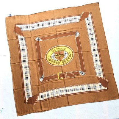 Burberrys 100% Silk Scarf Nova Check Equestrian Emblem Camel Size: 33.8x33.3 in.