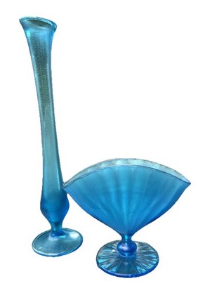 Vintage Fenton Set Celeste Blue 1 Swung Stretch Vase -1 Paneled Optic Fan Vase