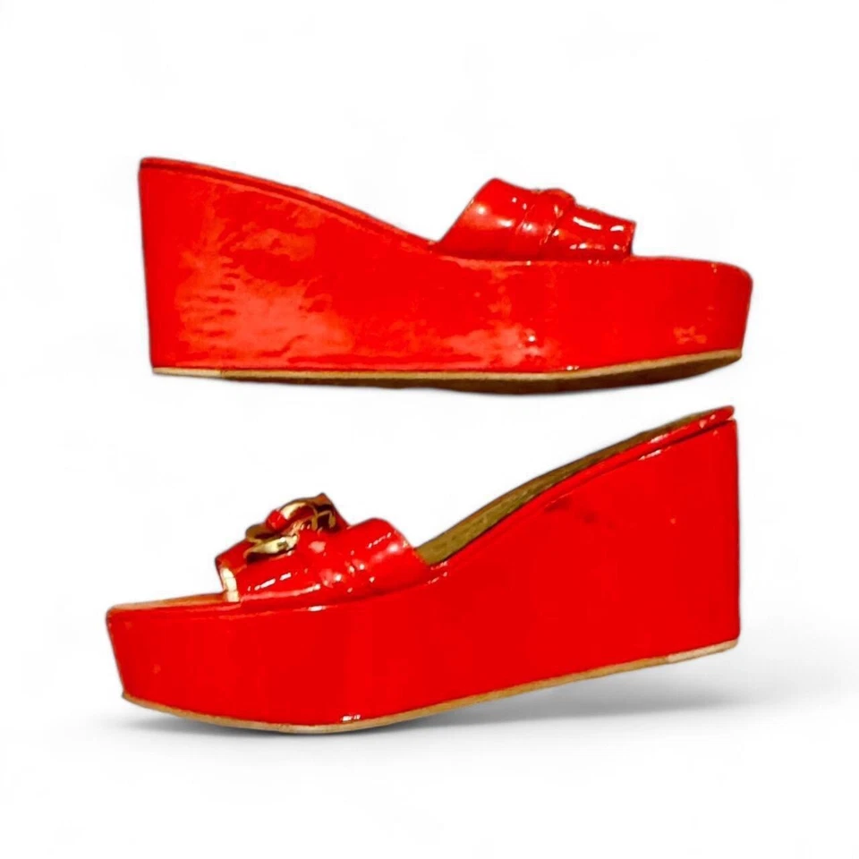 Designer Y2K Juicy Couture Mule Clog Cherry Red Patent Wedge Slide Sandal Size 8 - Image 3 of 4
