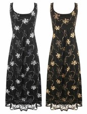 Ladies Floral Lace Foil Glitter Sleeveless Dress Womens Plus Size Strappy Dress
