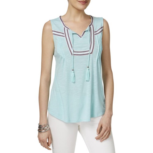 Style & Co. Embroidered Peasant Top in Aqua Brook, Small - 第 1/2 張圖片