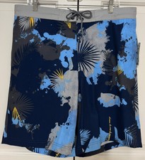 NWT George size L 36-38 blue grey yellow palm leaf swim trunks mens