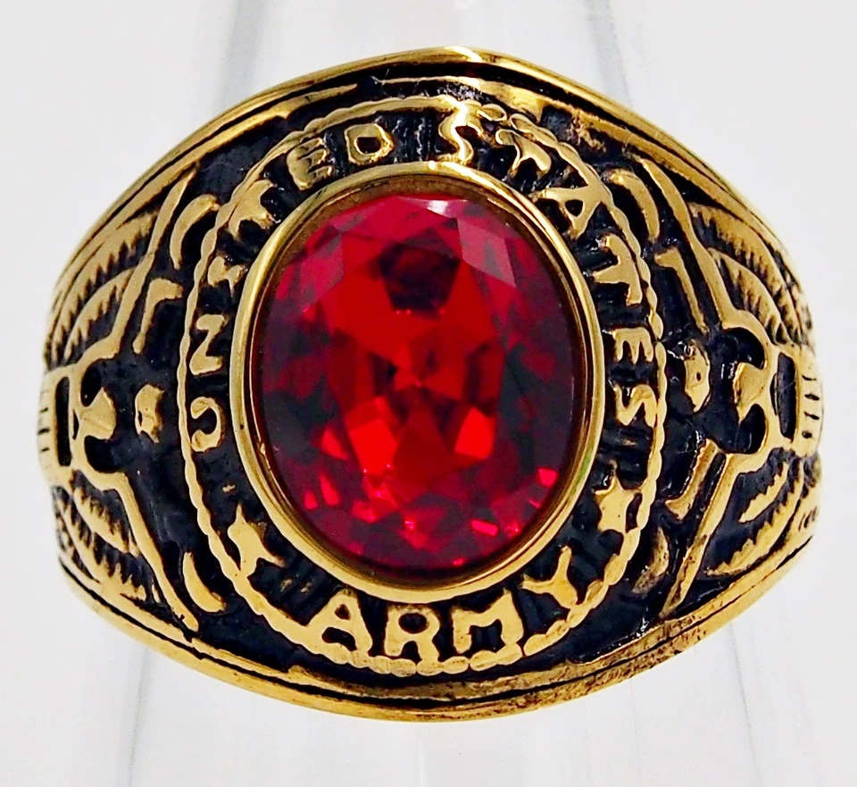 Anillo Hombre Rojo Rubí Simulado Acero Inoxidable Oro Amarillo US Army Eagle TALLA 10.5 Foto 2 de 4