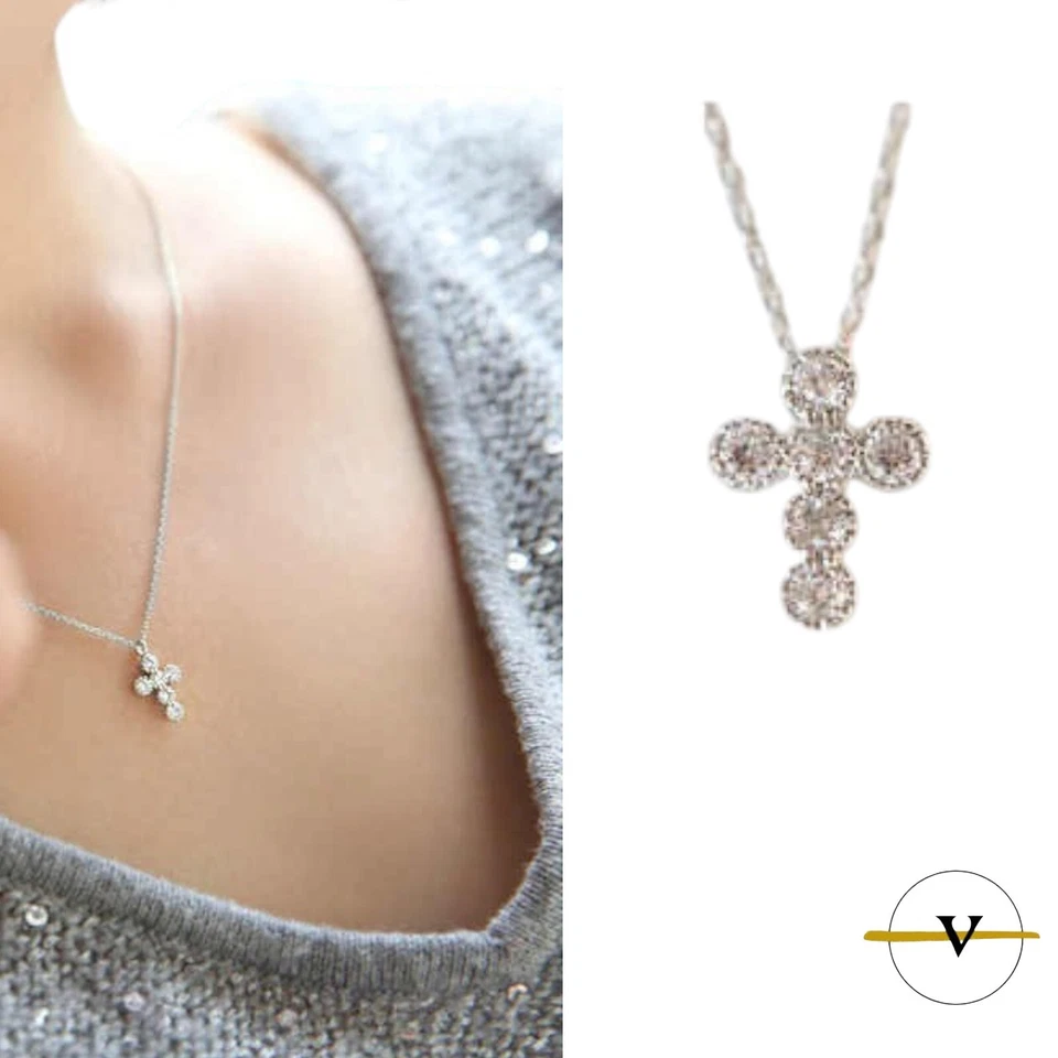 COLLANA  DONNA CON CROCE IN ARGENTO 925 RODIATO ZIRCONI BIANCHI RAGAZZA REGALO - Immagine 3 di 4