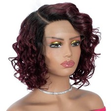 12 Inch Water Wave Bob Lace, C Part, Ombre Natural to Burgundy, 100 human hair