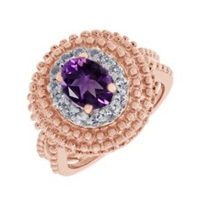 1.31Ct Oval Cut Purple Amethyst  White Topaz 14K Gold Plated Halo Wedding Ring
