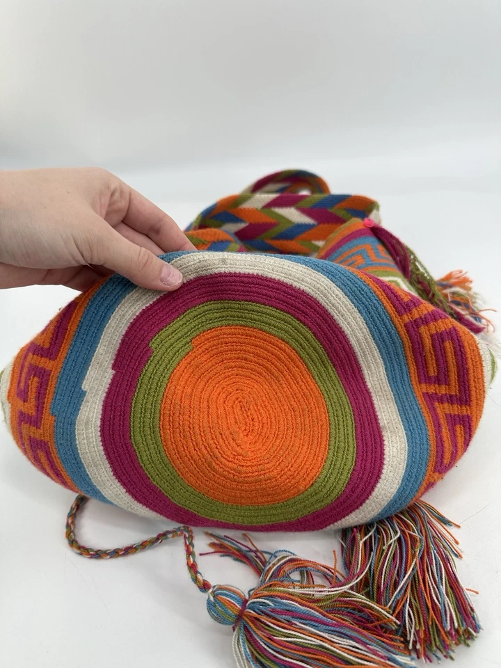 Bolso Bandolera Wayuu Mochila Colombiano Neón Multicolor Borlas Boho Brillante Foto 3 de 4