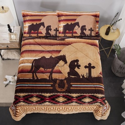 Sherpa Borrego Western Rodeo Cowhide Blanket Fleece 3 Pieces Queen King Set Gift Home Garden Bedding