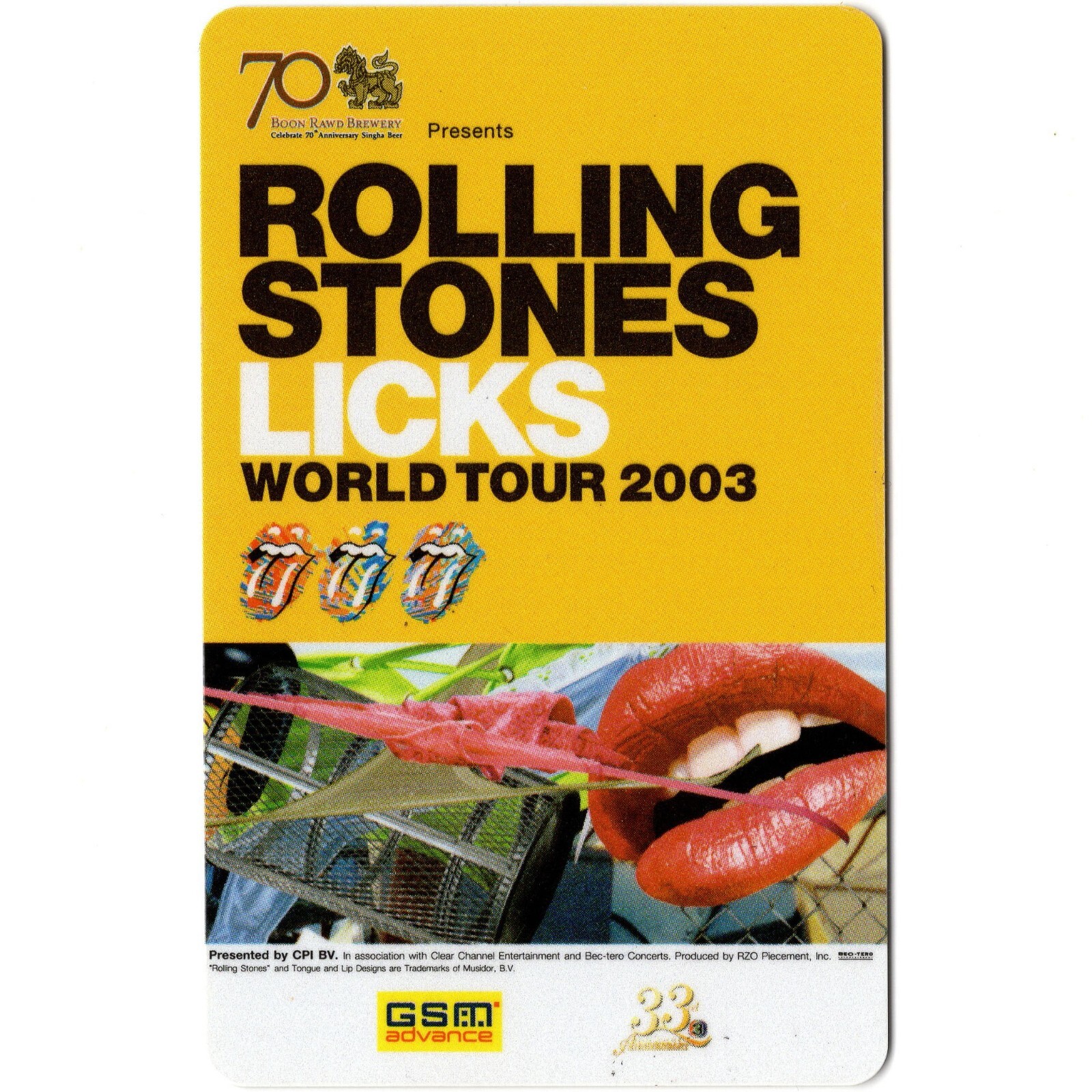 ROLLING STONES Plastic Concert Ticket Stub BANGKOK THAILAND 4/8/03 LICKS Rare