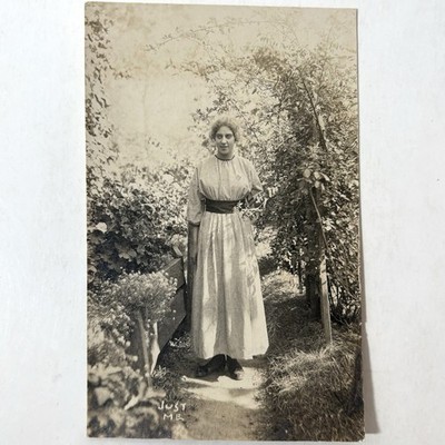 RPPC  Just Me  Antique Photo Postcard Young Woman Dress Outdoor Path Flowers