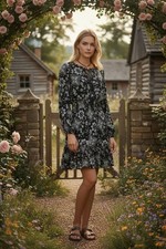 Marsel Soft Black White Long-Sleeve Floral Boho Ruffled Dress Size 6 100% Rayon