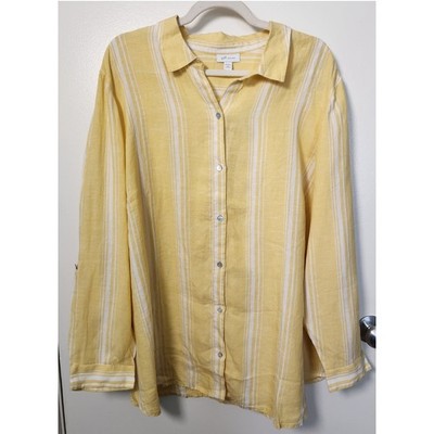 J. Jill Love Linen NWT Women's Yellow White Button Down Size 3X Roll Tab Sleeves