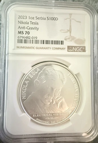 RARE 2023 1oz Serbia S100D Nikola Tesla Anti-Gravity NGC MS70